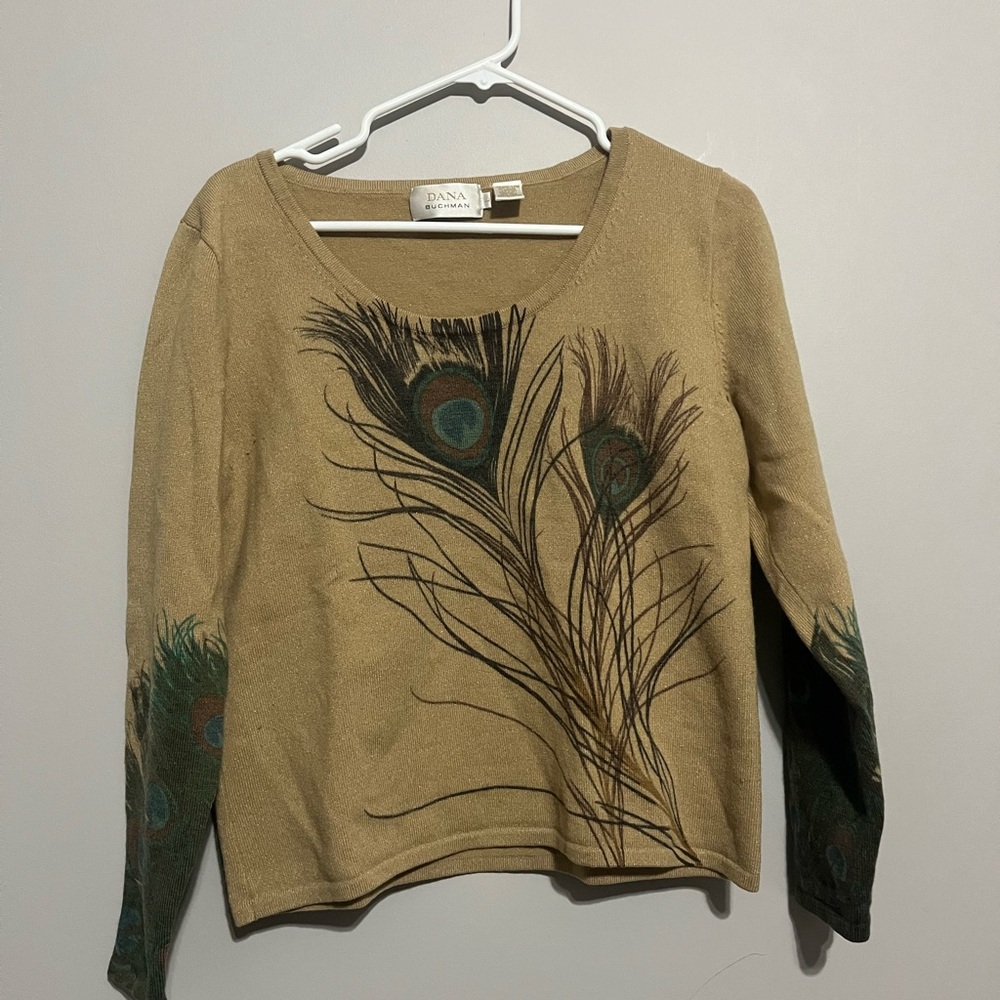 Women’s Dana Buchman Wool Blend Peacock Feather Tan Sweater L Gold Label